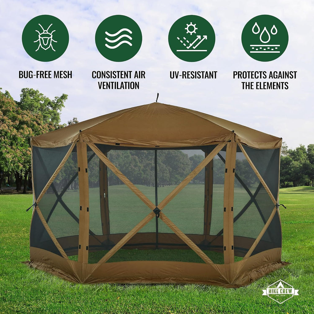 Hike Crew 12' x 12' Pop-Up Gazebo Screen Tent | Screened 6-Sided Instant Outdoor Canopy Shelter with Stakes, Ropes & Carry Bag for Camping, Sports & Picnic Table | UV Resistant SPF 50+