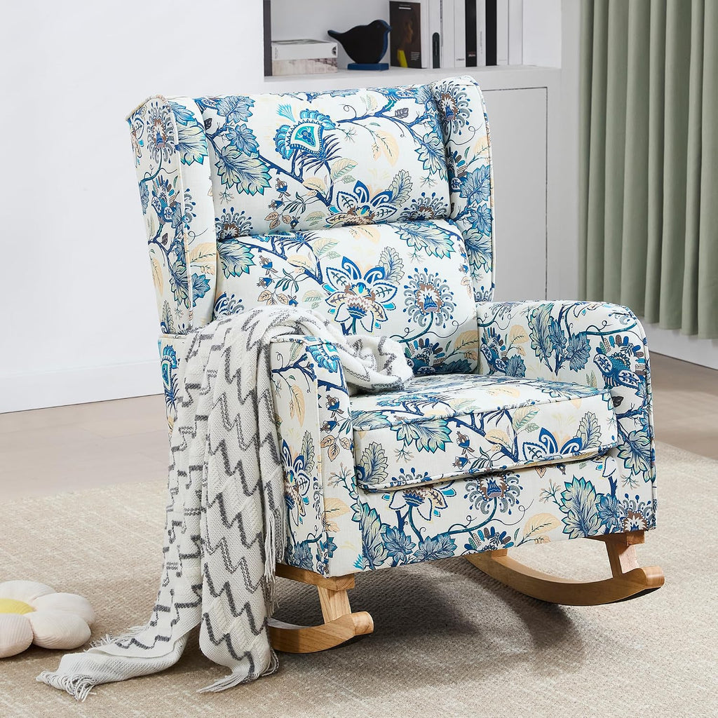 HCHAIRH Nursery Rocking Chairs, Rocking Chair Nursery for Mom Nursery Rocker with High Backrest and Solid Wood Legs, Modern Wingback Accent Chairs Set of 2 for Reading Living Room Bedroom, Blue Floral