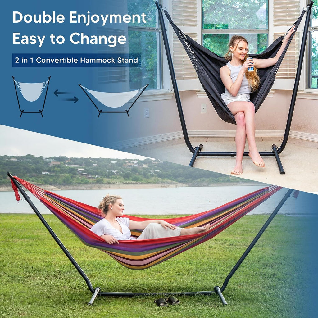 SUNCREAT 2-in-1 Convertible Backyard Fabric Hammock with Stand, Large Hammocks for Outside, Red Stripes
