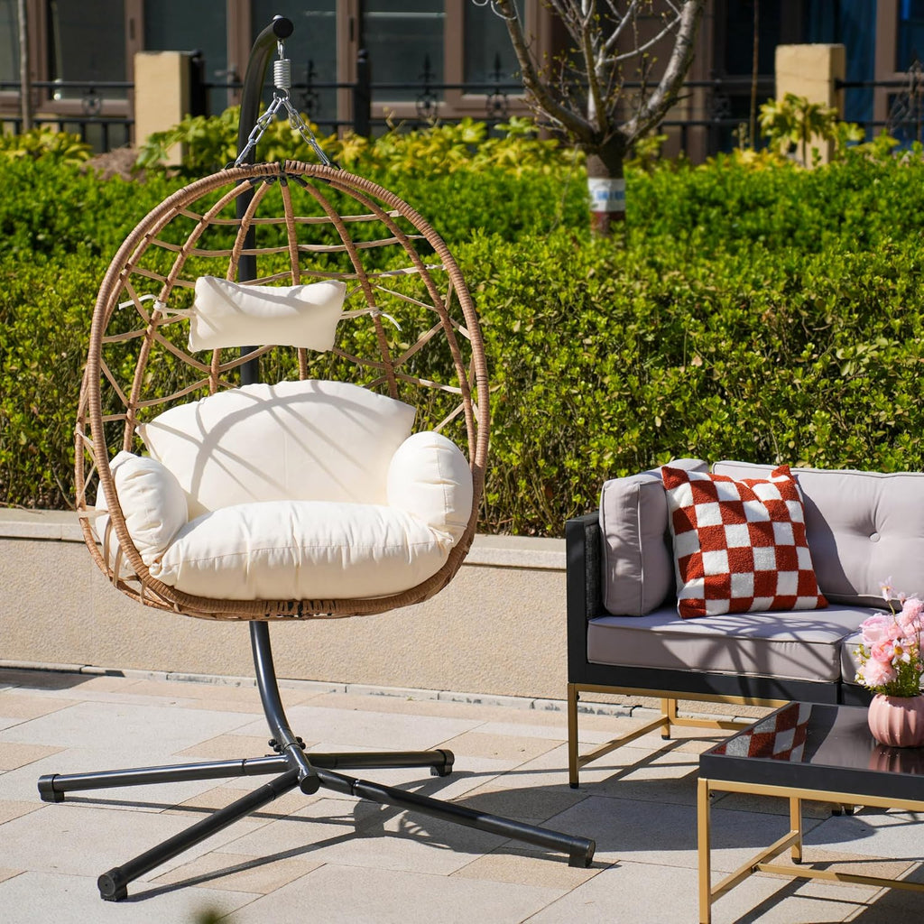 Hanging Egg Chair Swing with Stand, Hanging Chair, Webbing & PE Rattan Weaving, Thickened UV Resistant Cushion & Alloy Steel Frame, for Patio Bedroom Balcony (YB)