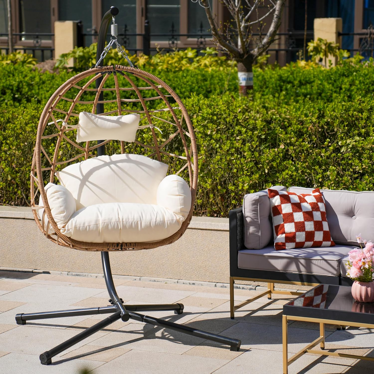 Hanging Egg Chair Swing with Stand, Hanging Chair, Webbing & PE Rattan Weaving, Thickened UV Resistant Cushion & Alloy Steel Frame, for Patio Bedroom Balcony (YB)