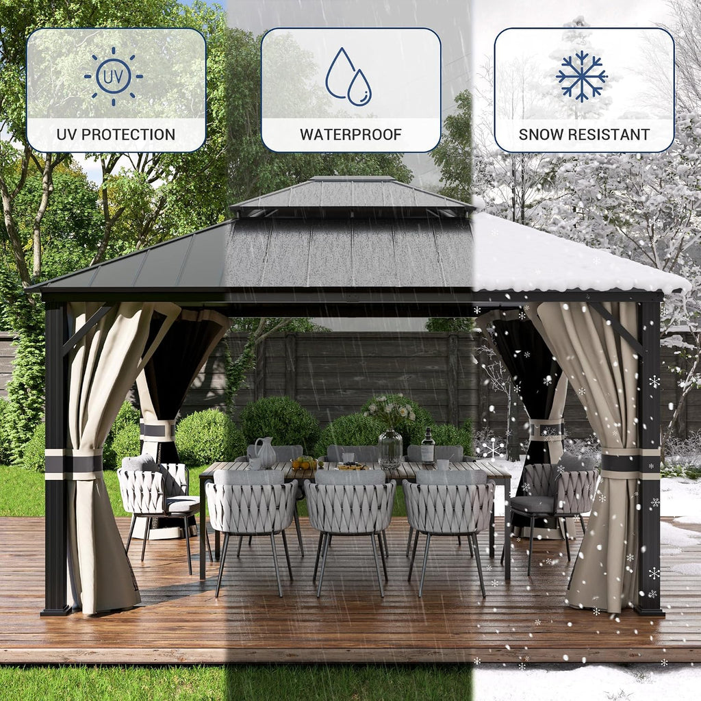 Amopatio 12' X 16' Permanent Hardtop Gazebo Aluminum Gazebo with Double Galvanized Steel Roof, Curtains and Netting Included,Outdoor Metal Pergola for Patios, Garden, Parties, Lawns
