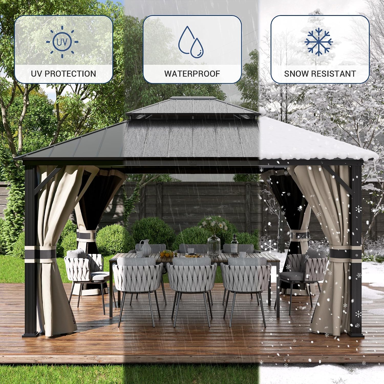 Amopatio 12' X 16' Permanent Hardtop Gazebo Aluminum Gazebo with Double Galvanized Steel Roof, Curtains and Netting Included,Outdoor Metal Pergola for Patios, Garden, Parties, Lawns