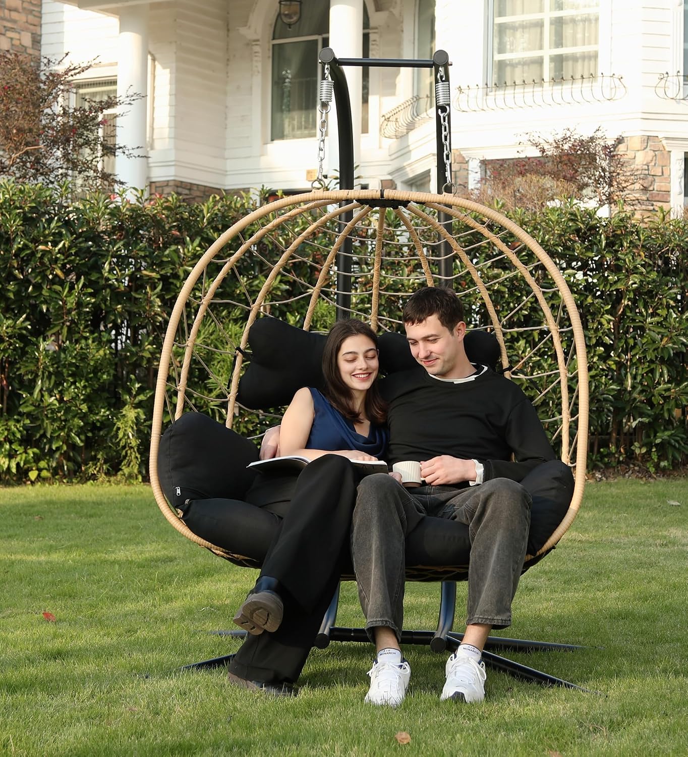DoubleTT Double Indoor/Outdoor Wicker Swing Egg Chair Hammock Foldable Hanging Loveseat with Stand, UV Resistant Removable Cushions, 700LBS Capacity for Bedroom, Balcony, Garden (Yellow and Black)