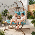 RADIATA 2 Person Egg Chair Swing with Stand Outdoor, Extra Large Double Hanging Egg Chair, Oversized Sturdy Wicker Patio Chairs with Cushion Loveseat for Indoor Backyard Balcony Bedroom Porch, Teal