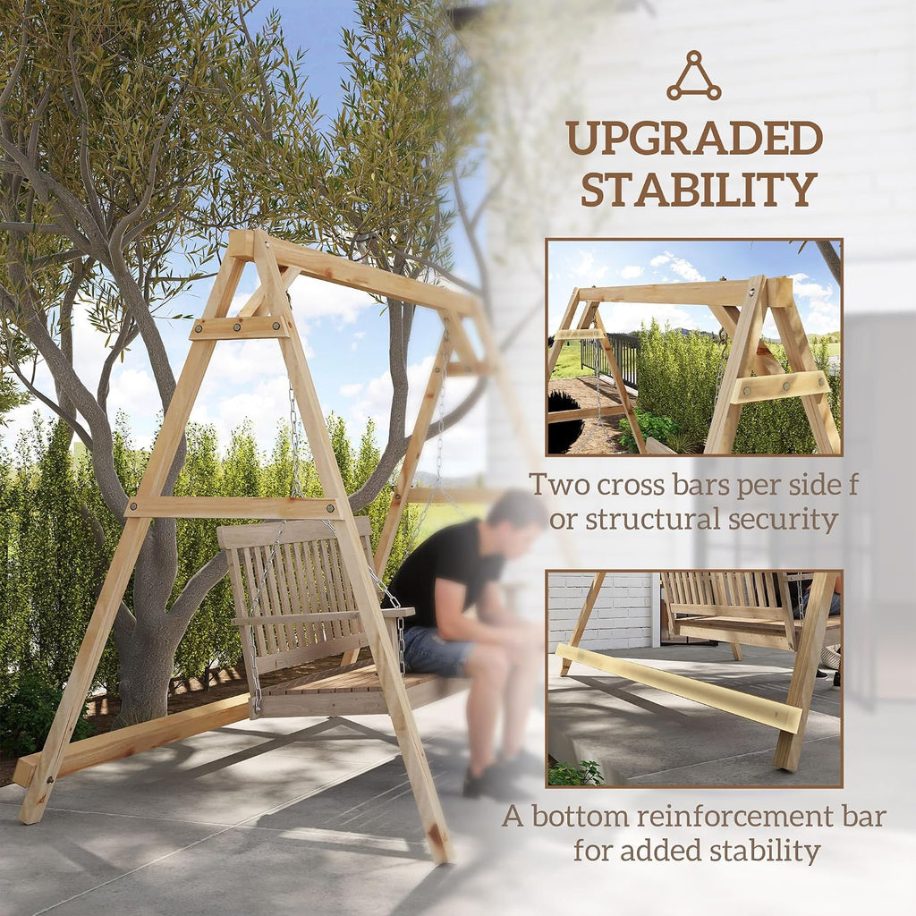 Outsunny 770lbs Porch Swing Frame, Heavy Duty A-Frame Wooden Swing Stand with Reinforced Bars, Freestanding Hanging Chair Stand Only for Porch, Lawn, Garden, Backyard, Teak