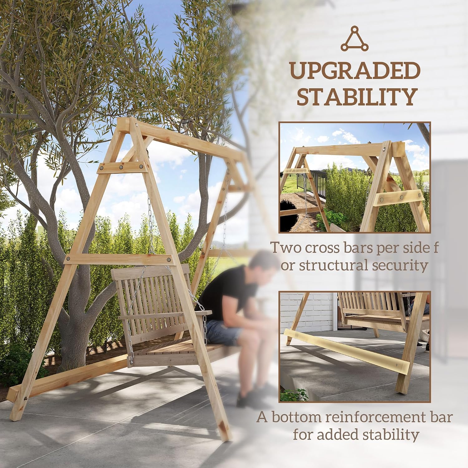 Outsunny 770lbs Porch Swing Frame, Heavy Duty A-Frame Wooden Swing Stand with Reinforced Bars, Freestanding Hanging Chair Stand Only for Porch, Lawn, Garden, Backyard, Teak