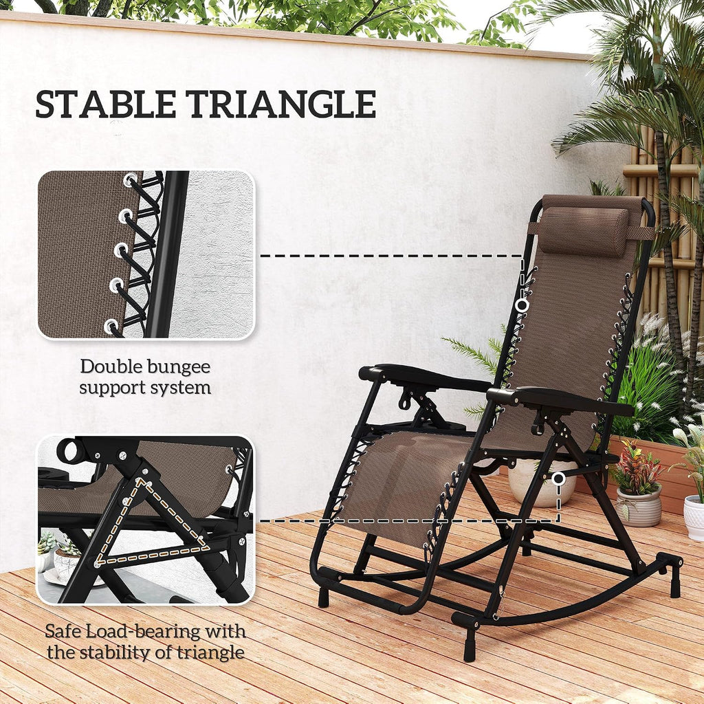 Outsunny Outdoor Rocking Chairs, Foldable Reclining Zero Gravity Lounge Rocker with Pillow, Cup & Phone Holder, Combo Design with Folding Legs, Brown