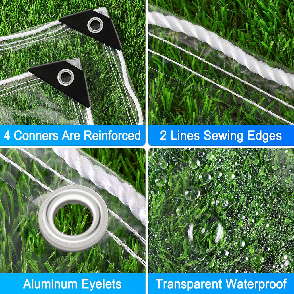 20Mil Clear tarps with Grommets, 10'x16' PVC Plastic Transparent Tarpaulin with Reinforced Edge for Home Garden, Camping, Chicken Coops Cover, Outdoor Clear Vinyl Tarps Heavy Duty Waterproof