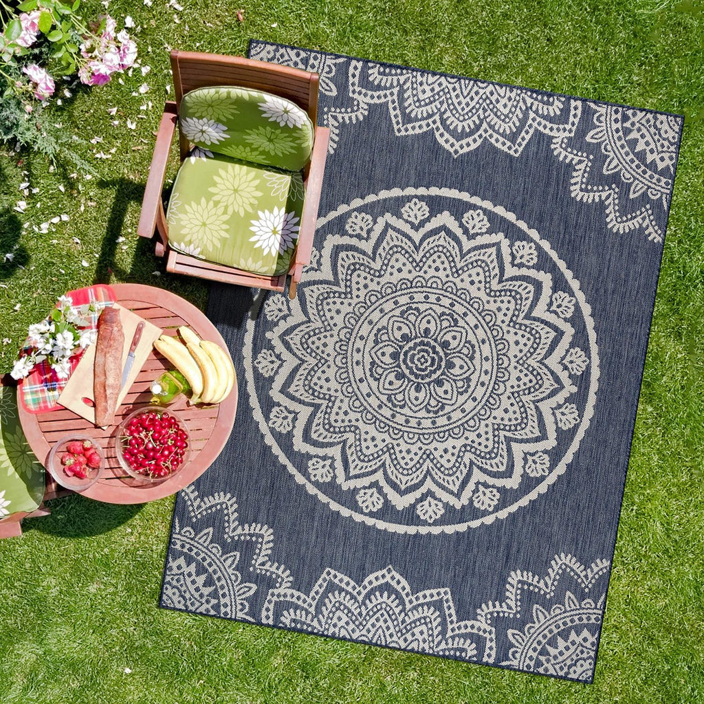 CAMILSON Outdoor Rug 9x12 Modern Area Rugs for Large Indoor and Outdoor Patios and Porches - Waterproof Washable Non-Shedding, Easy-to-Clean Outside Carpet (9 x 12, Medallion - Blue/White)