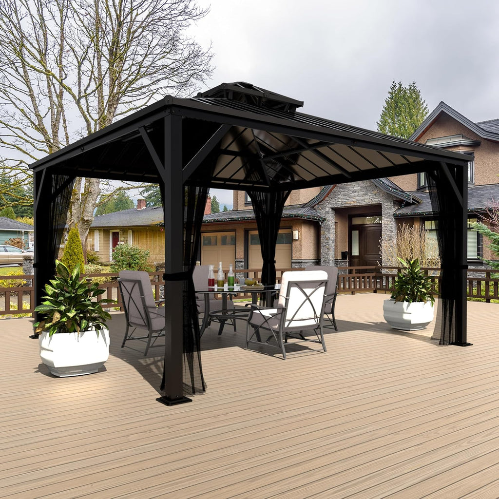 MUPATER 10X10 FT Hardtop Gazebo with Galvanized Steel Double Roof, Outdoor Metal Pergola Gazebo with Aluminum Frame, Drainage System for Garden, Lawn and Patio, Black