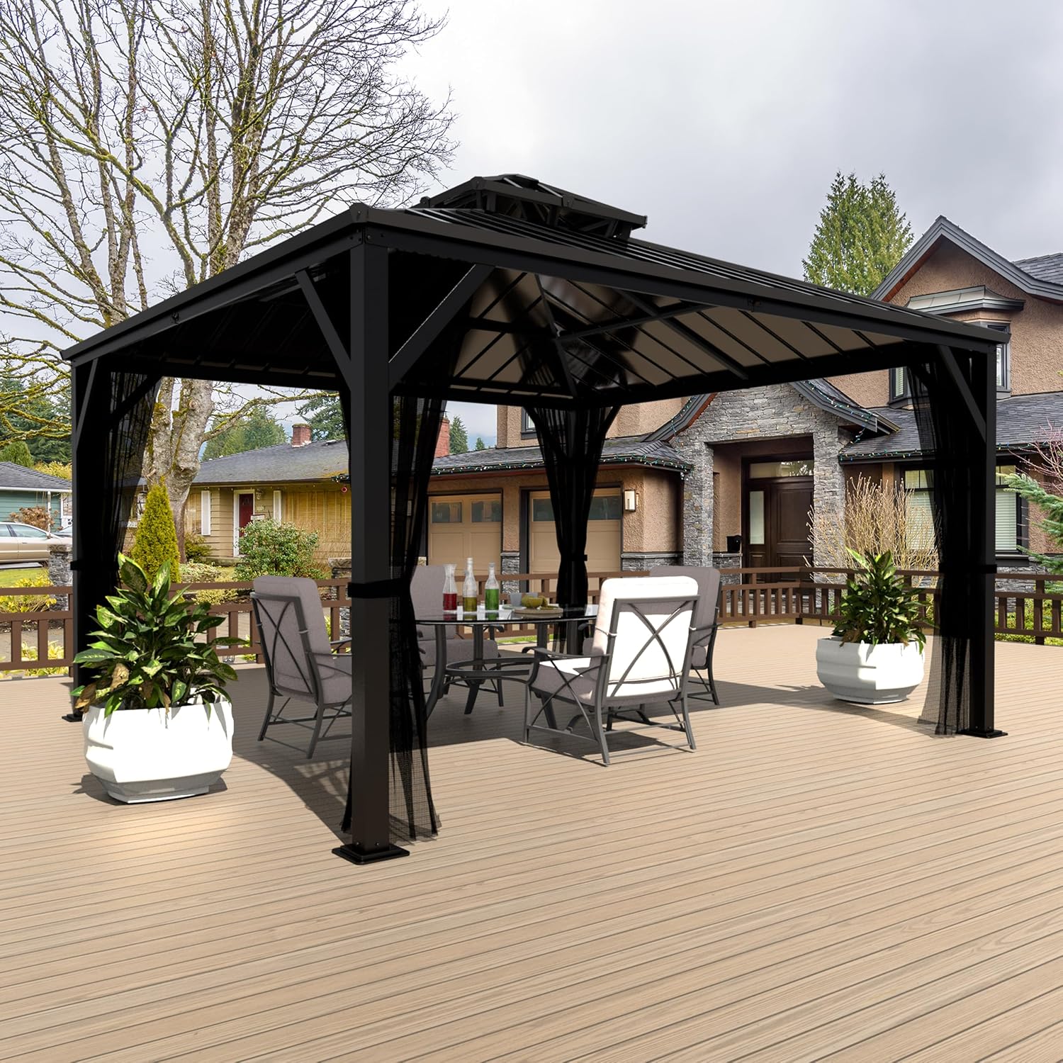 MUPATER 10X10 FT Hardtop Gazebo with Galvanized Steel Double Roof, Outdoor Metal Pergola Gazebo with Aluminum Frame, Drainage System for Garden, Lawn and Patio, Black