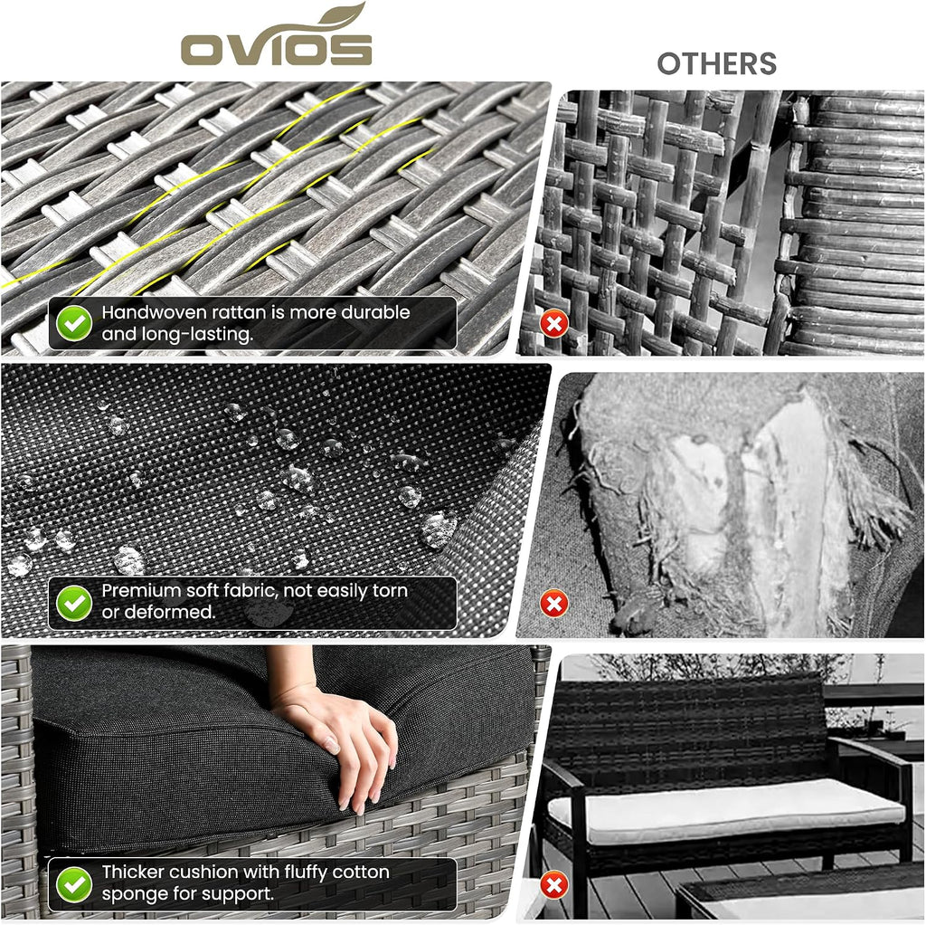 ovios 7-Pieces Patio Furniture Set, Outdoor Wicker Sofa Couch with Swivel Glider Chairs Glass Table Comfy Cushions Modern Conversation Set for Backyard Porch, Black