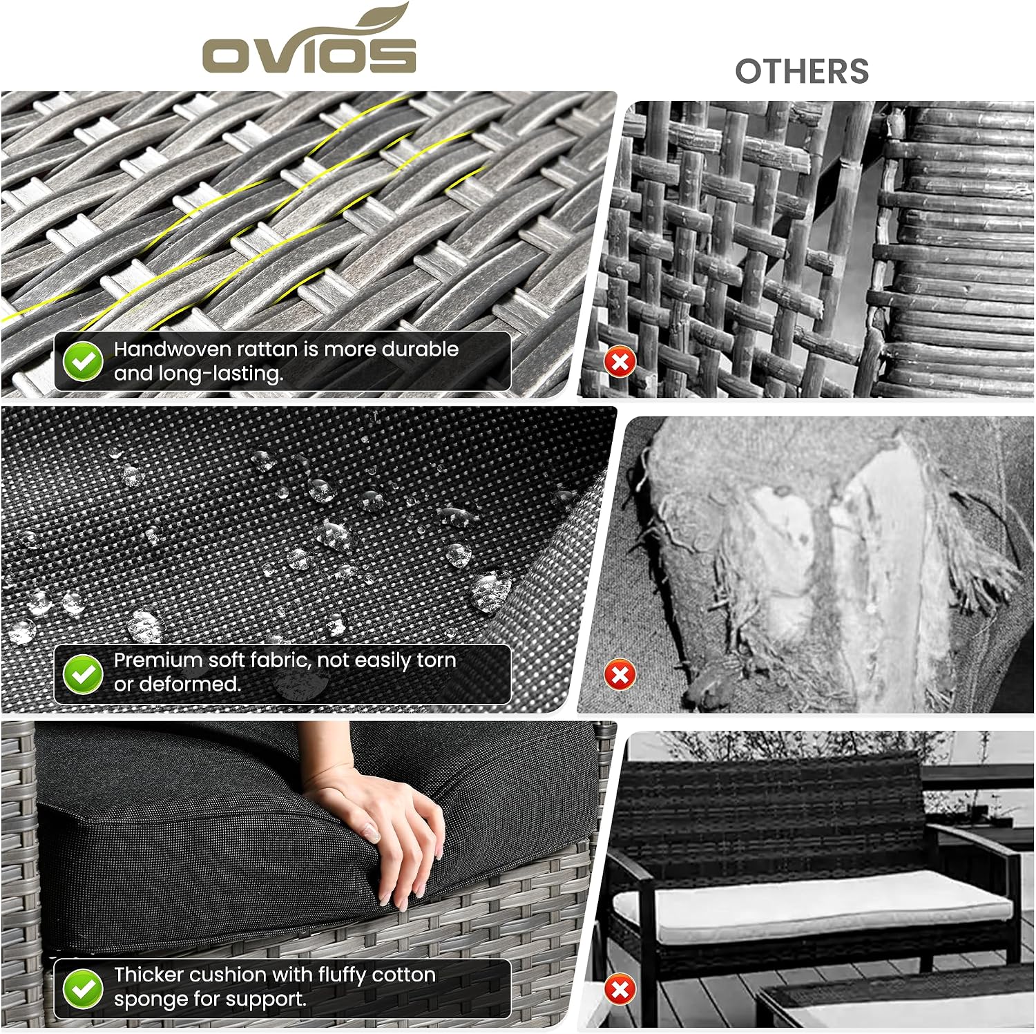 ovios 7-Pieces Patio Furniture Set, Outdoor Wicker Sofa Couch with Swivel Glider Chairs Glass Table Comfy Cushions Modern Conversation Set for Backyard Porch, Black