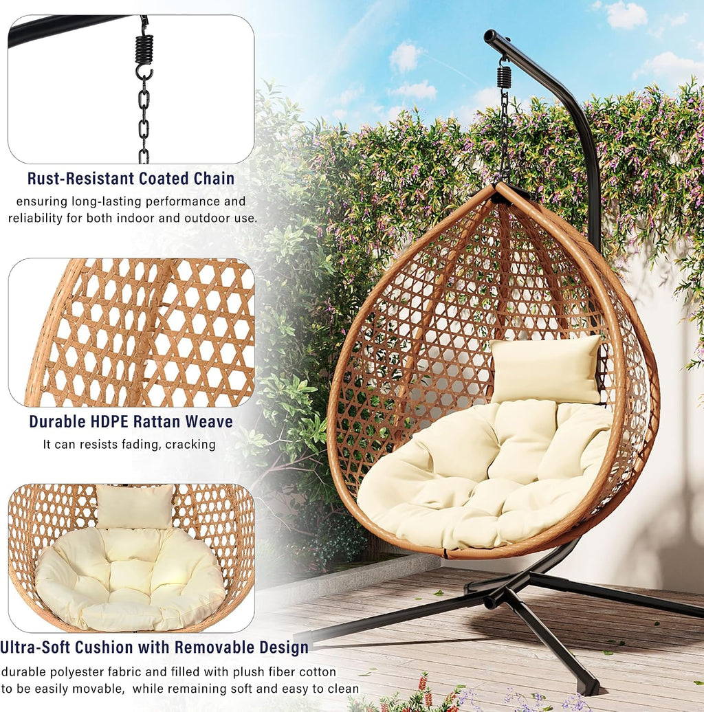 Polibi Hanging Egg Chair with Stand - PE Rattan Indoor Outdoor Swing Chair Heavy Duty 330lbs - Breathable Hollowed Design & Adjustable Headrest - Patio Balcony Garden Lounger,Beige+Brown+Yellow