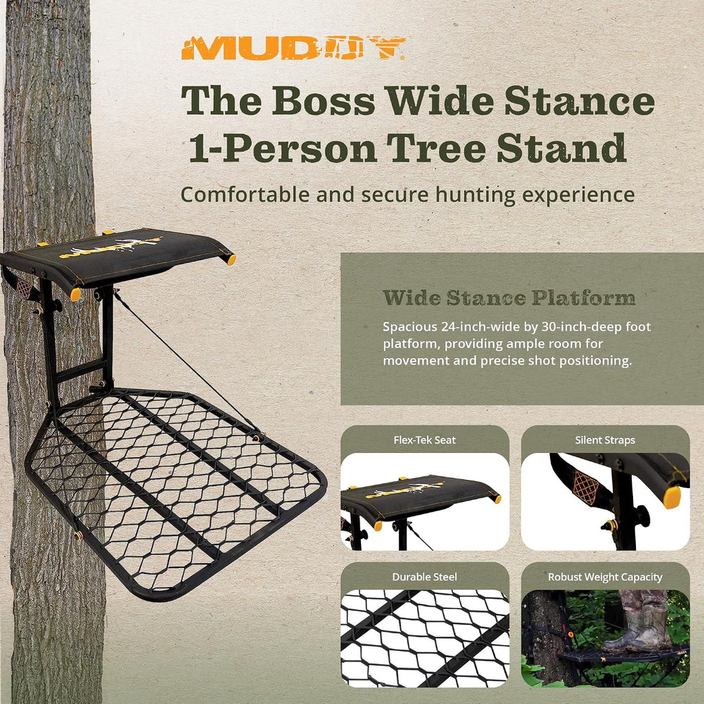 MUDDY The Boss 1 Person Hang On Tree Stand, Deer Hunting Stand with Silent Straps, FlexTek Seat and Wide Stance Platform, Black