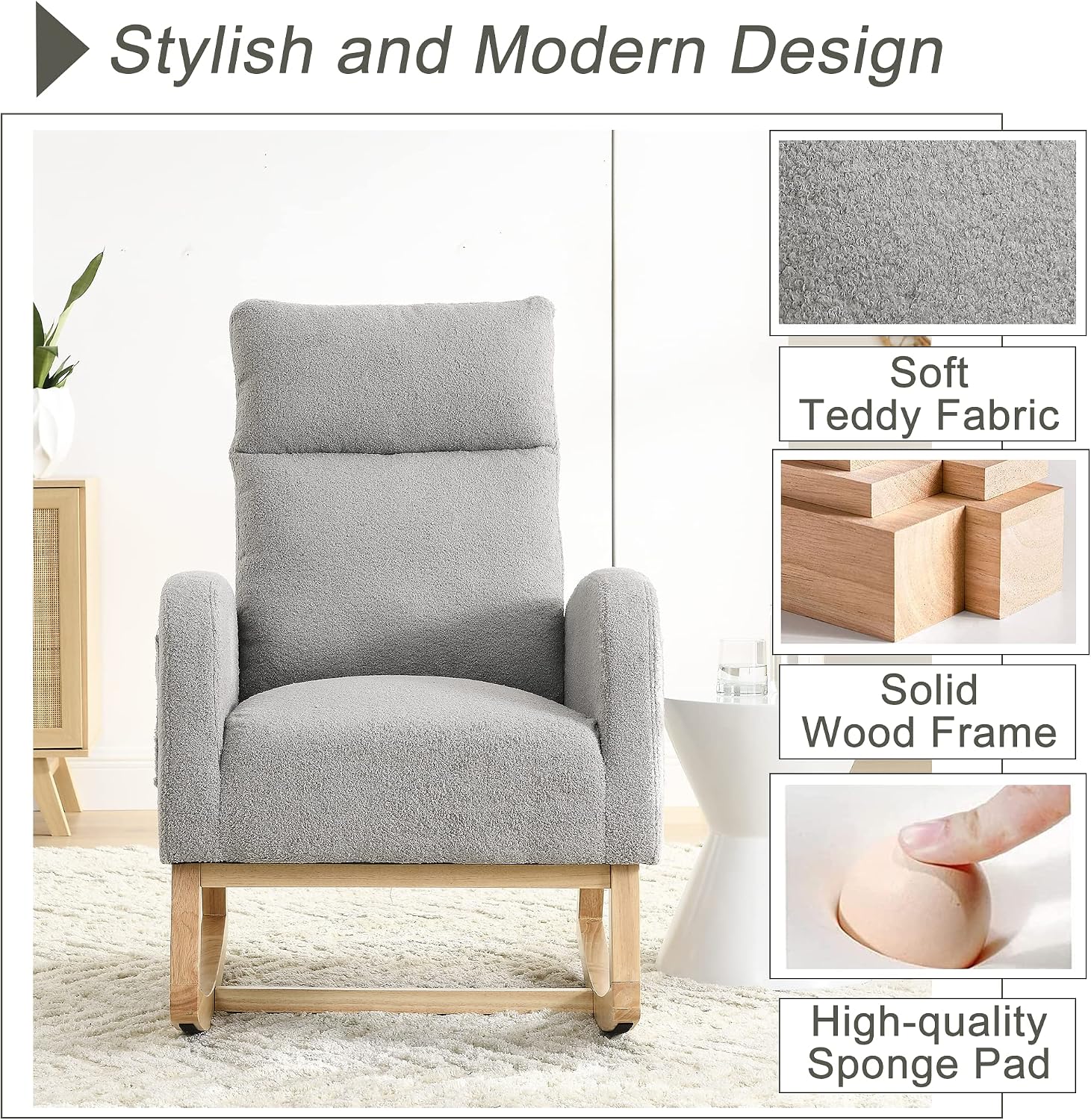 Nursery Rocking Chair with Solid Wood Legs, Glider Chair for Nursery with Two Side Pockets, Rocker Armchair for Living Room Bedroom (Grey, Teddy Fabric)