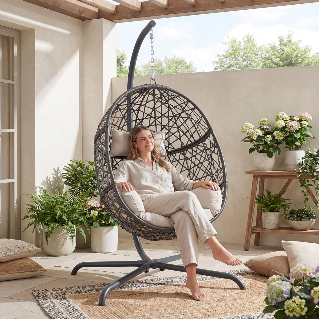 NICESOUL Bird Cage Swing Egg Chair, UV/Water-Resistant 450lbs Capacity Wicker Swinging Chairs with Stand, Comfy Oversized Hanging Seat w/Cushion, Metal Frame & Cover for Indoor Outdoor, Grey & Beige