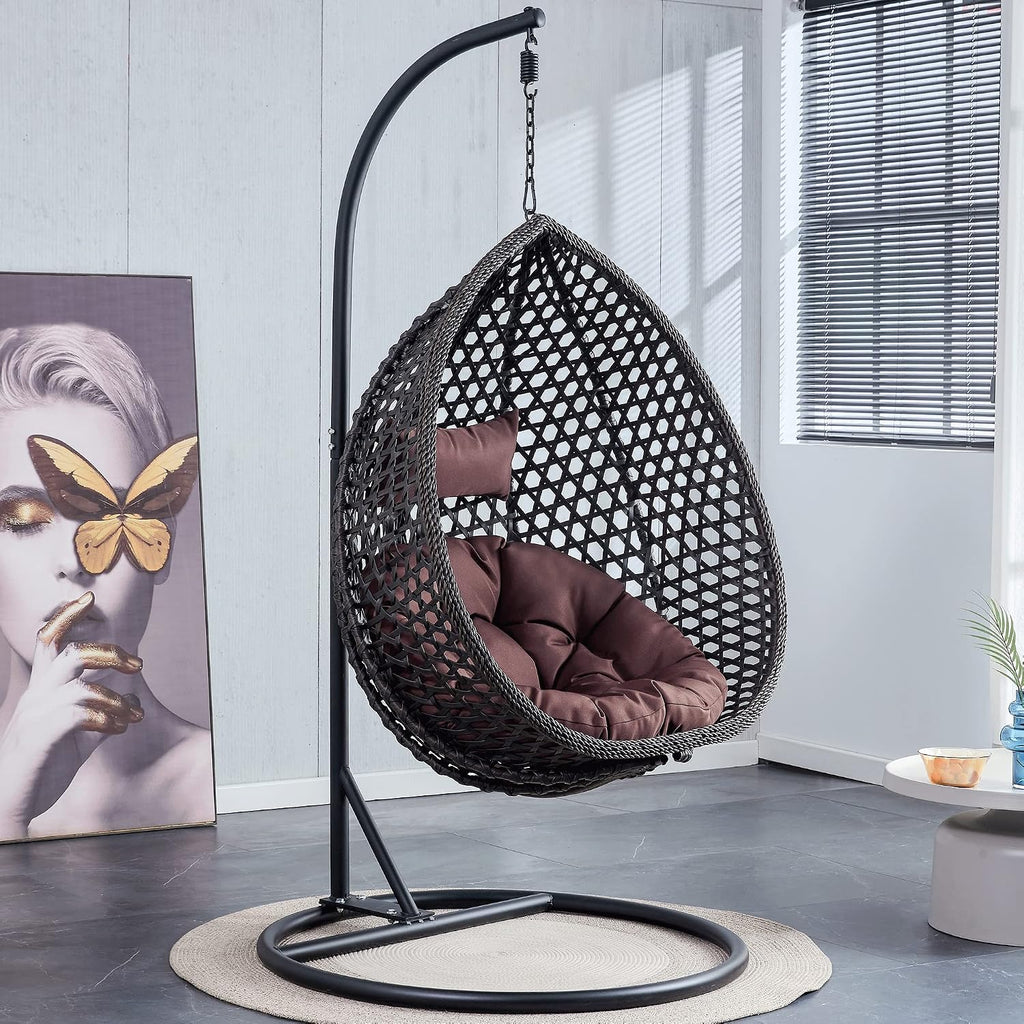 Hanging Egg Swing Chair with Stand, Rattan Wicker Hanging Egg Chair Hammock Indoor with Cushions, Swinging Chair for Bedroom Outdoor Patio Balcony Backyard Sunroom Heavy Duty 350LBS (Black)