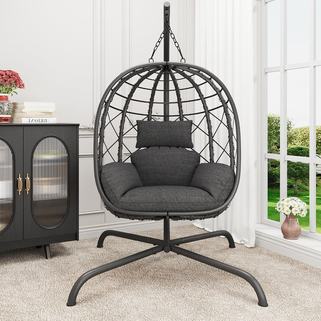 Hanging Egg Chair with Stand Patio Wicker Rattan Swing Chair Hammock Egg Chair for Indoor & Outdoor 400lbs Capacity with Thickened Cushion for Bedroom Balcony Garden