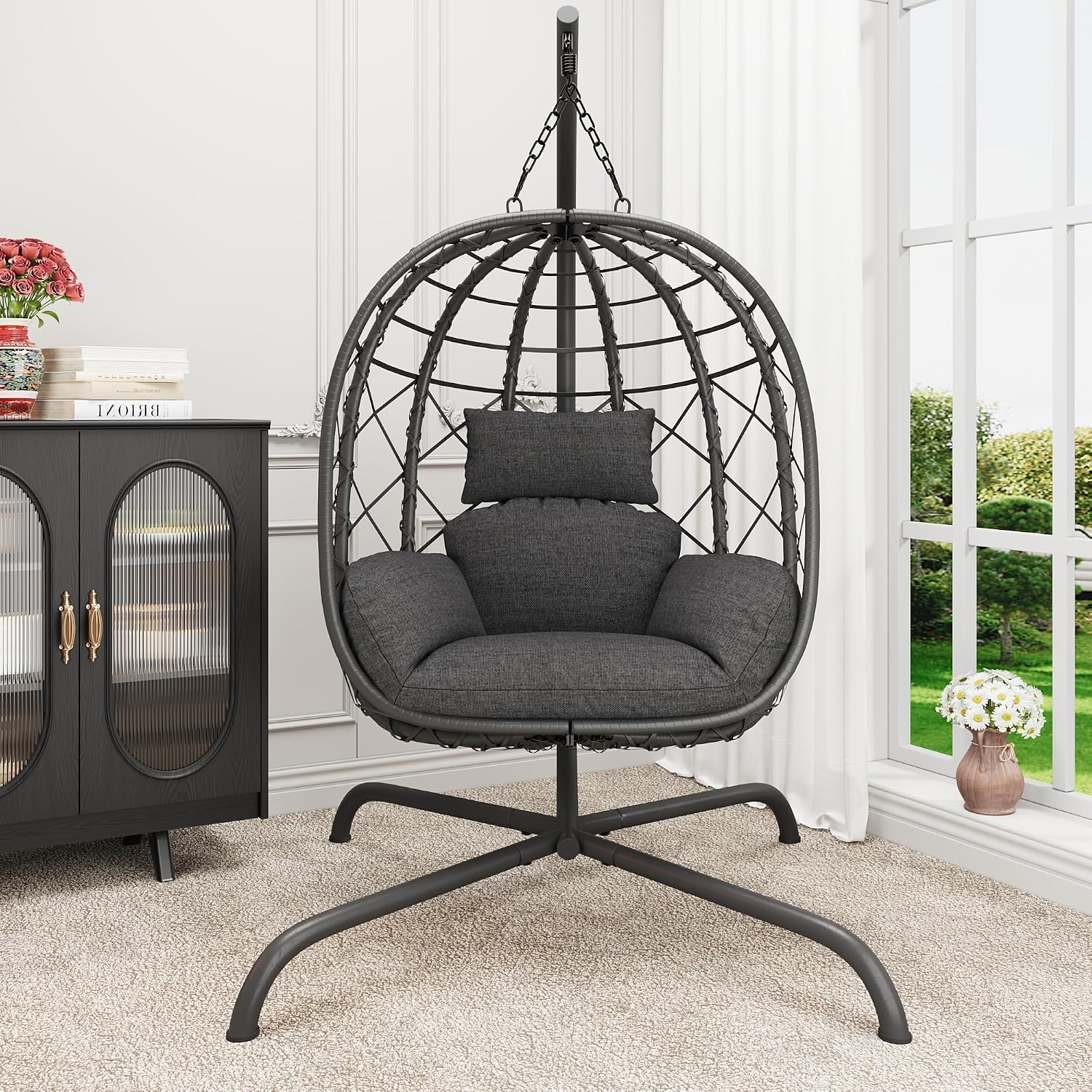 Hanging Egg Chair with Stand Patio Wicker Rattan Swing Chair Hammock Egg Chair for Indoor & Outdoor 400lbs Capacity with Thickened Cushion for Bedroom Balcony Garden