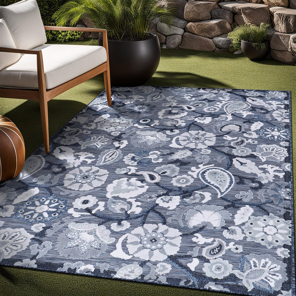 Luul Home Floral Indoor Outdoor Rugs 9x12 Large Area Rug for Living Room, Patio Decor, Kitchen, and Entryway Rug, Washable Stain Resistant Outside Carpet Navy 9 x 12