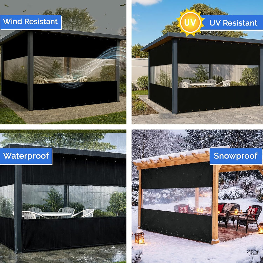 Covers & All Vinyl Outdoor Curtains for Patio Waterproof – 12 oz Outdoor Clear Panel Curtains, Gazebo Curtains with Brass Grommets for Pergola, Porch & Patio Walls for Winter (7 x 10 ft, Black)
