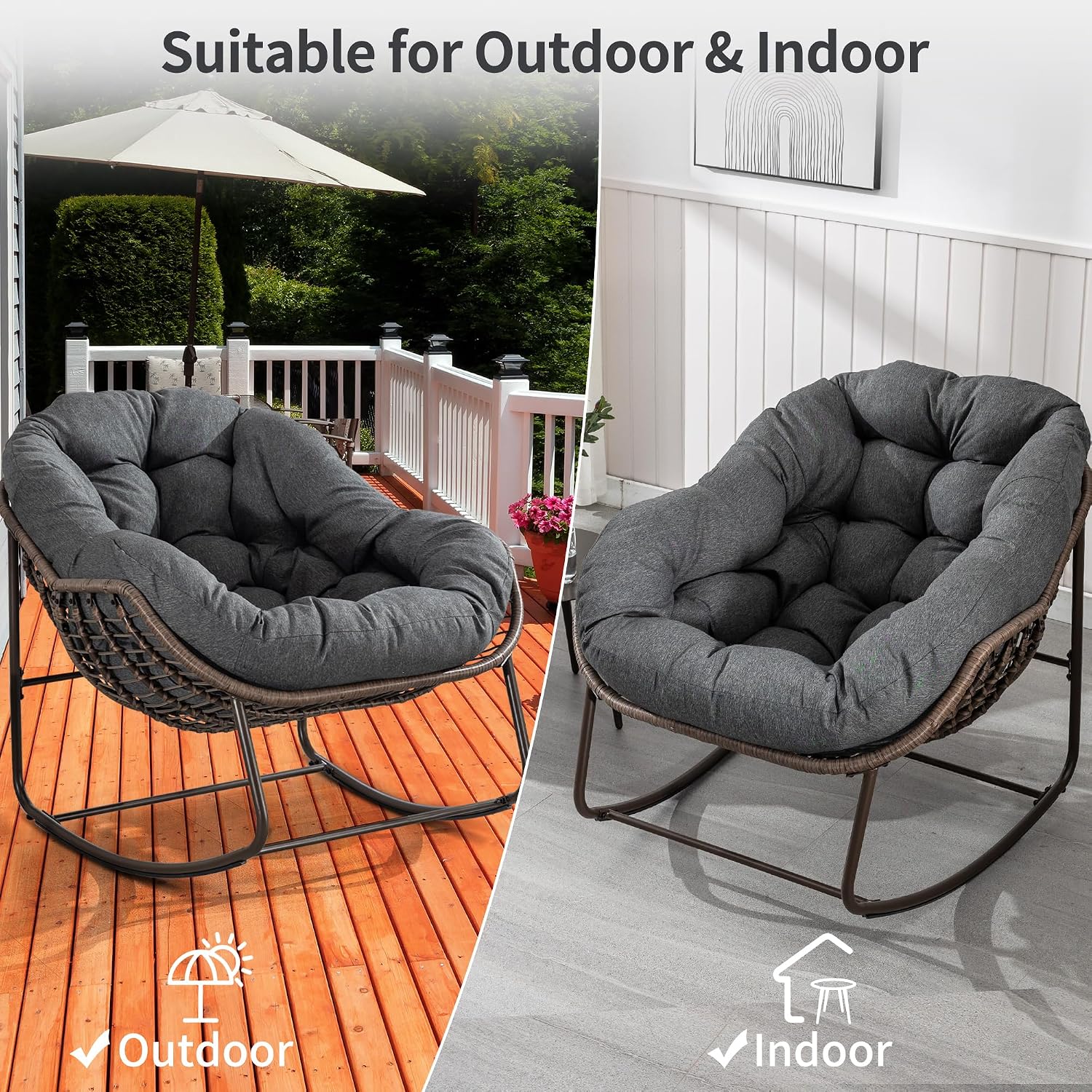 HOMEFUN Outdoor Patio Rocking Chairs, Oversized Papasan Rock Chair Indoor with Padded Cushion - Rocker Egg for Front Porch, Garden, Backyard Gray