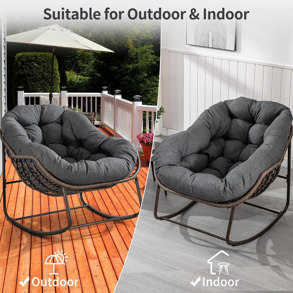 HOMEFUN Outdoor Patio Rocking Chairs Set of 2, Oversized Papasan Rock Chair Indoor with Padded Cushion - Rocker Egg Seat for Front Porch, Garden, Backyard Gray