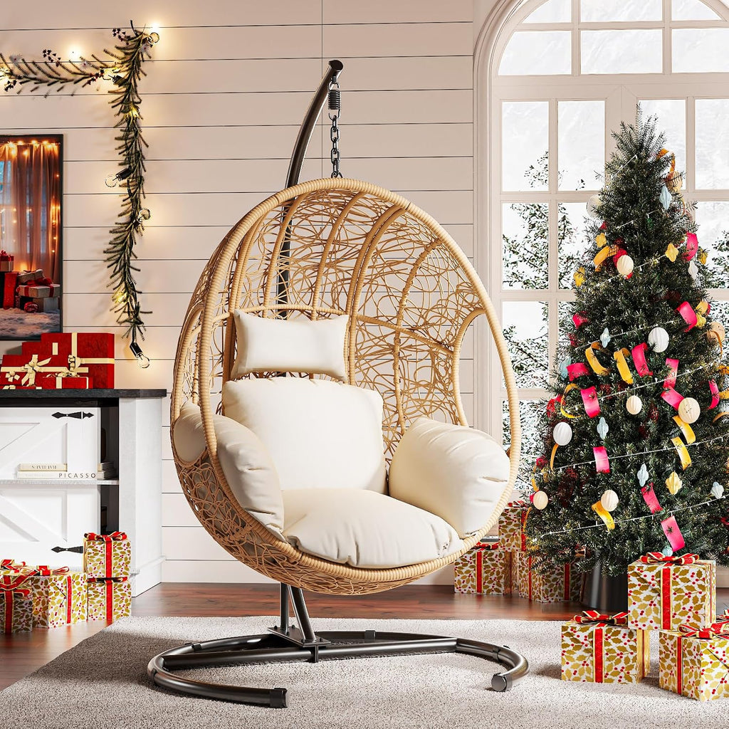 Oversized Hanging Egg Chair Outdoor Indoor, Wicker Swing Egg Chair with Stand 400lbs Capacity for Bedroom, Patio, Garden and Balcony (Beige-nest, Oversize)