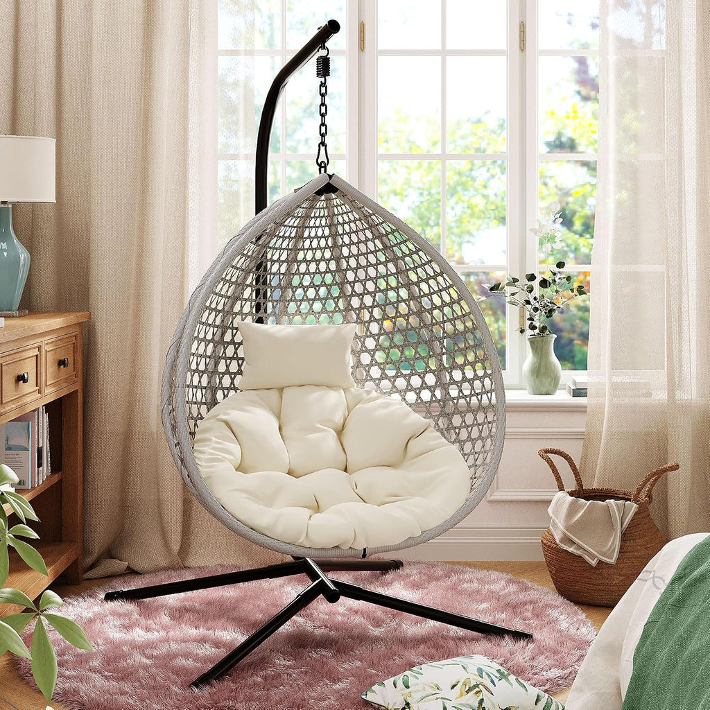 Sturdy Hammock Chair with Stand, Durable Hanging Egg Chair with Rattan Weaving,Comfortable Indoor Outdoor Swing Chairs with Soft Removable Cushion,Suitable for Balcony, Bedroom,or Garden, Gray+Beige