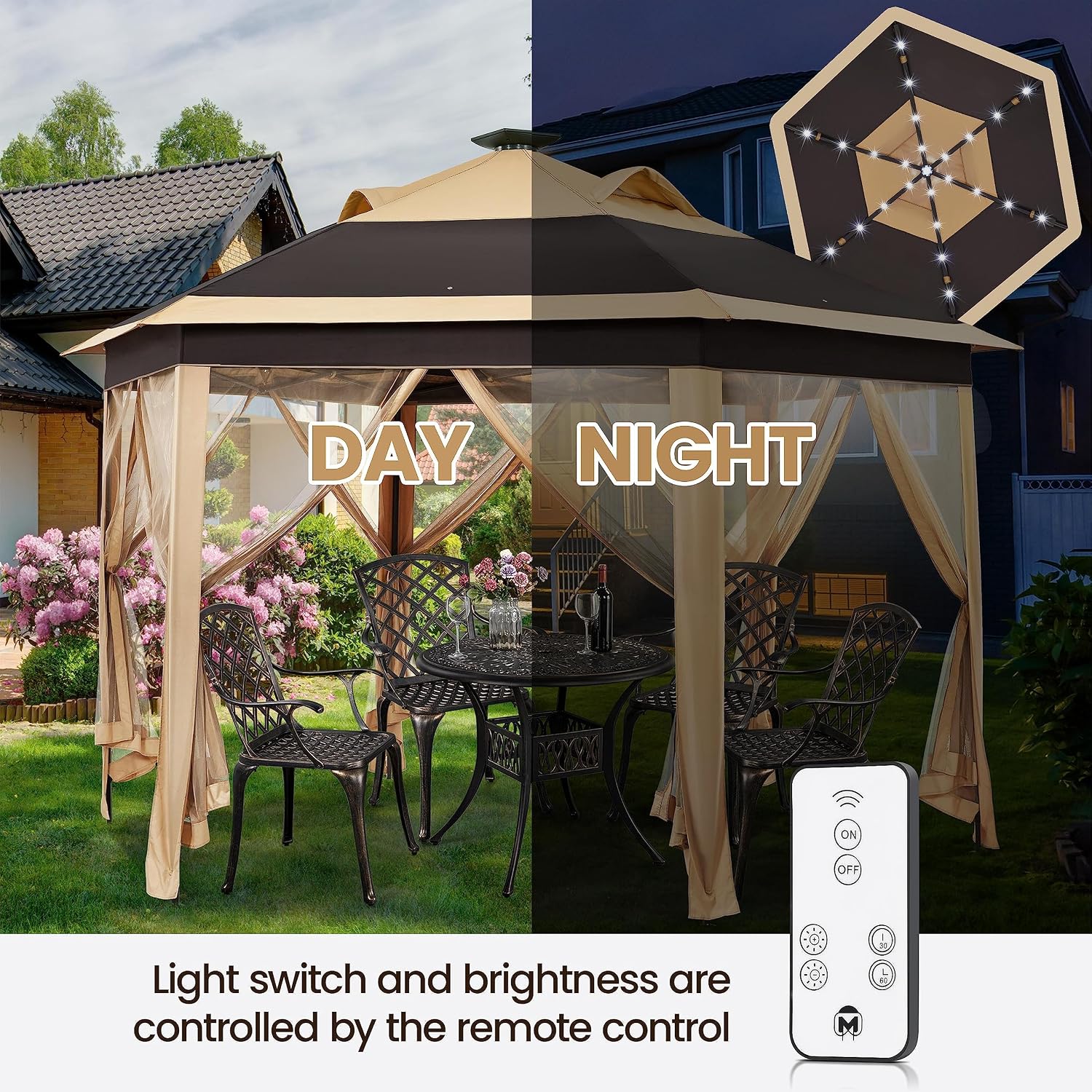 Topeakmart Instant Pop-up Gazebo 13 x 13 Canopy Tent Shelter with 25 Solar LED Lights, Mesh Netting Sides, Storage Bag, Bonus Weight Sandbags, Stakes, Ropes, Khaki & Brown