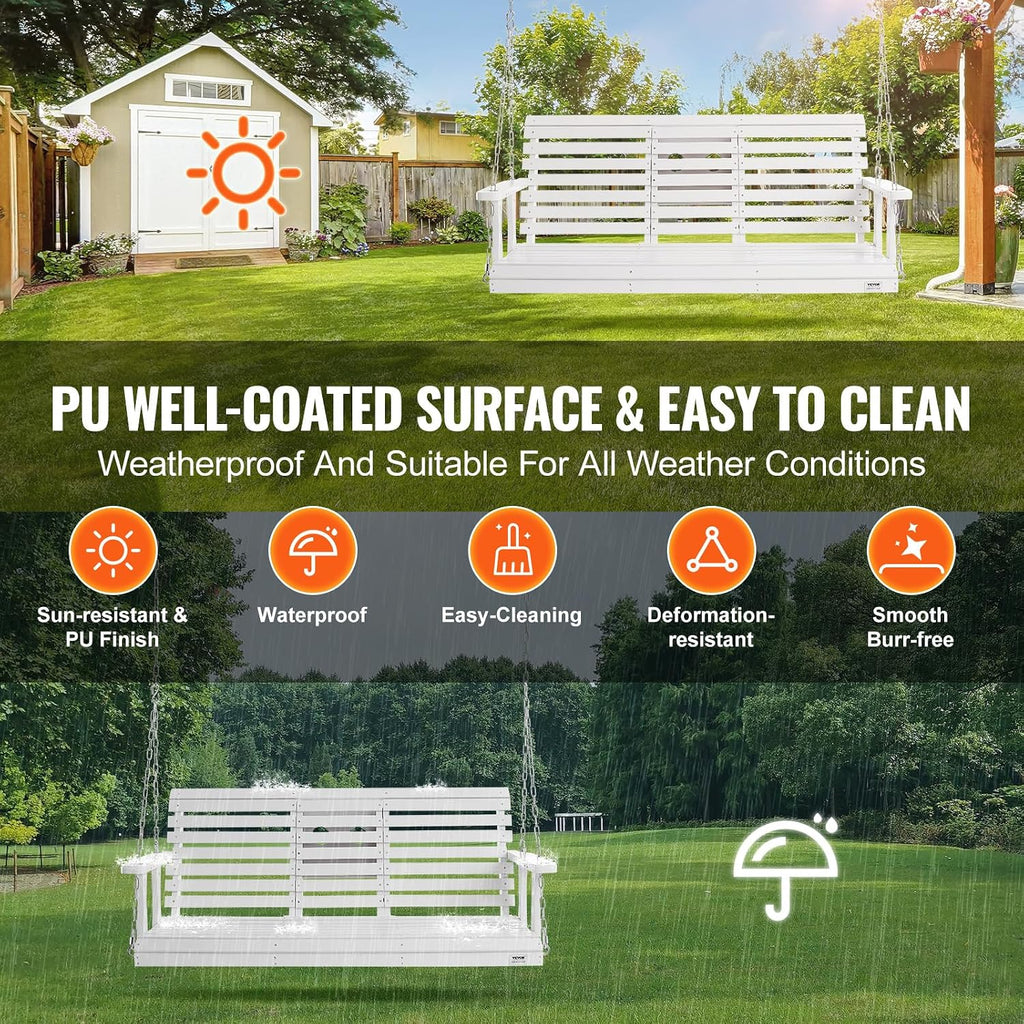 VEVOR Wooden Porch Swing 5 ft, Patio Bench Swing for Courtyard & Garden, Upgraded 880 lbs Strong Load Capacity, Heavy Duty Swing Chair Bench with Hanging Chains for Outdoors, White