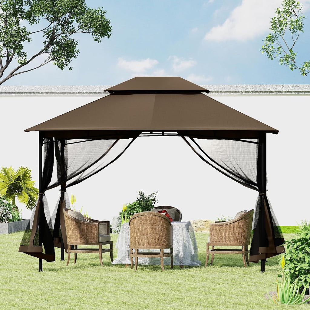 HAPPATIO Patio Gazebo 10' X 12', Ventilated Double Roof & Mosquito Netting, Outdoor Gazebo with Metal Frame, Soft Top Canopy for Backyard, Deck, Poolside, Brown