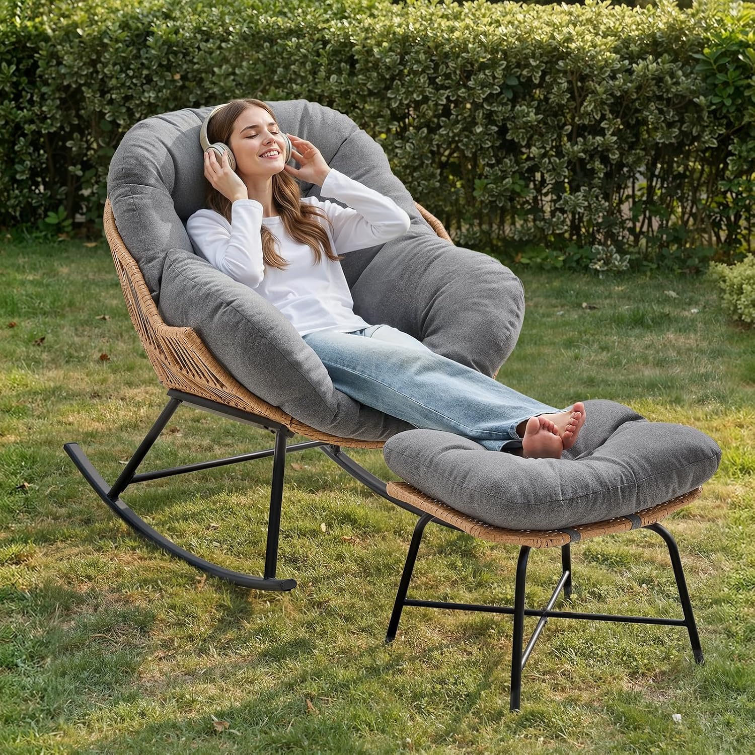 ONBRILL Papasan Rocking Chair with Ottoman,Oversized Papasan Chair with Padded Cushion, Indoor & Outdoor Rocker Chair for Living Room, Patio, Garden, Gray