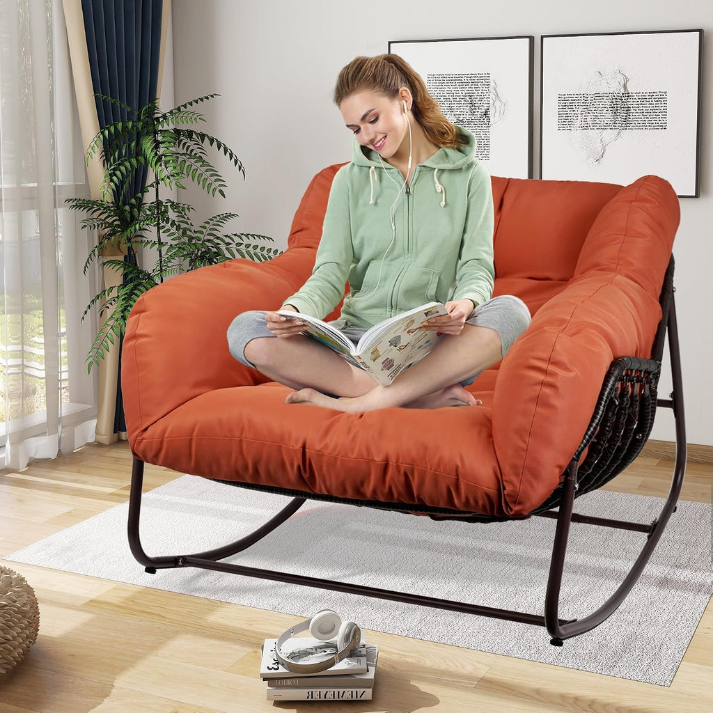 Papasan Rocking Chair Indoor & Outdoor, All Weather Wicker Papasan Patio Chair with Cushion & Pillow, Oversized Papasan Rocker Egg Chair for Bedroom, Garden, Patio - Red.