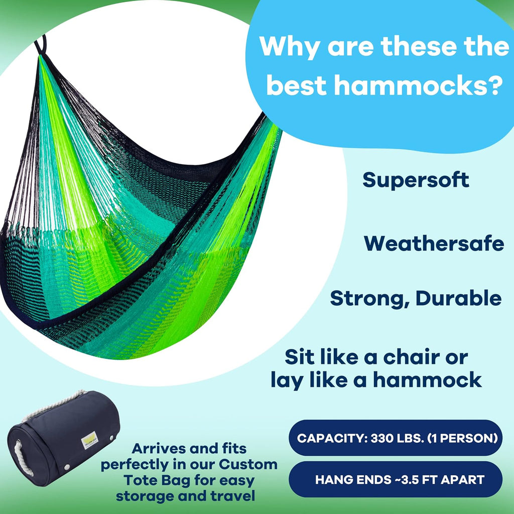 Handwoven Hanging Chair by Yellow Leaf Hammocks - Fits 1 Person, 330lb Max - Kick Back for Full-Body Recline - Weathersafe, Ultra Soft, Hang Anywhere - Color: Neon - Blue - Turquoise