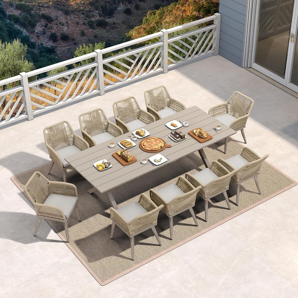PURPLE LEAF 12' x 16' Outdoor Hardtop Gazebo with 11 Pieces Outdoor Dining Set, Champagne Aluminum Gazebo with Galvanized Steel Double Roof, Curtains and Netting for Patio Lawn and Garden