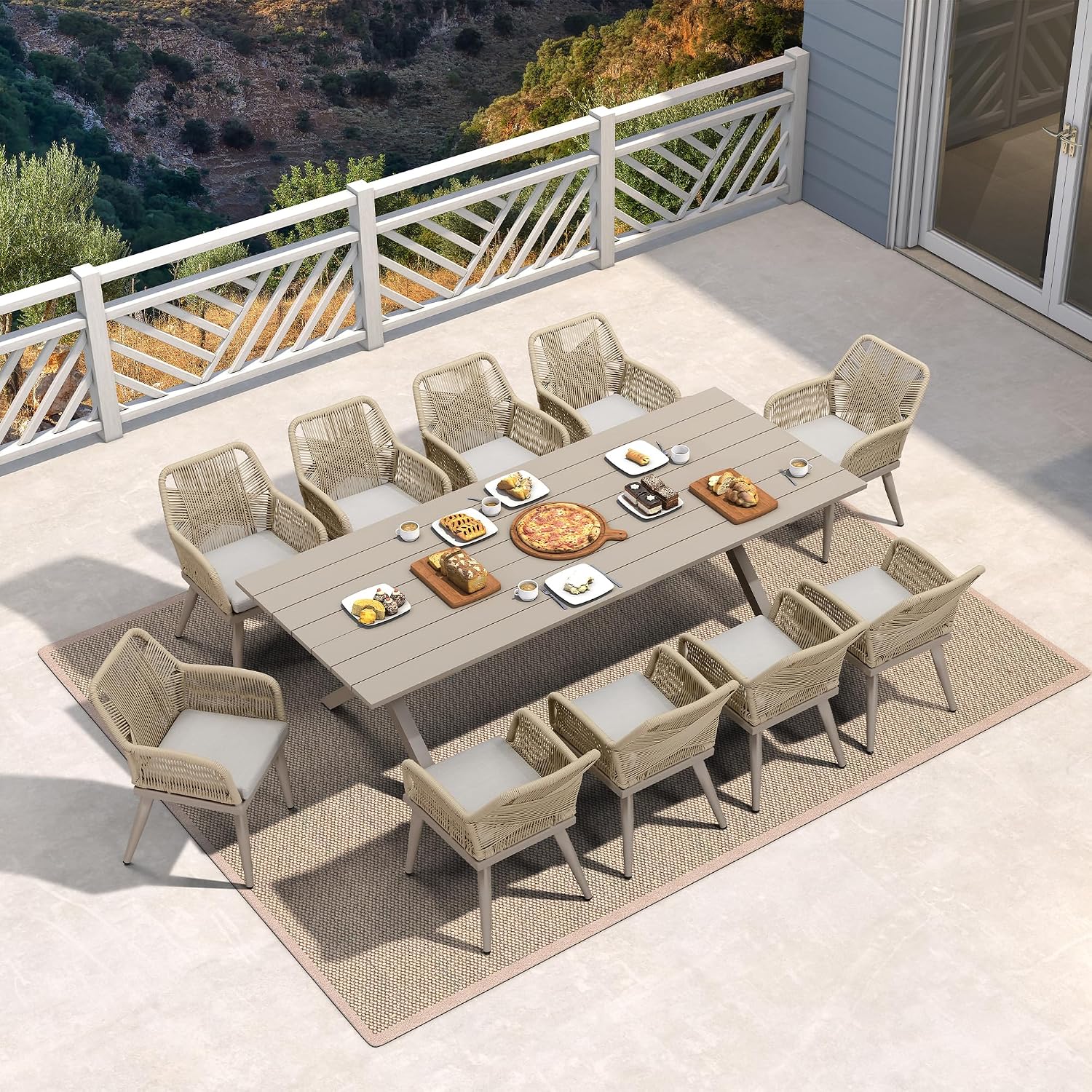 PURPLE LEAF 12' x 16' Outdoor Hardtop Gazebo with 11 Pieces Outdoor Dining Set, Champagne Aluminum Gazebo with Galvanized Steel Double Roof, Curtains and Netting for Patio Lawn and Garden