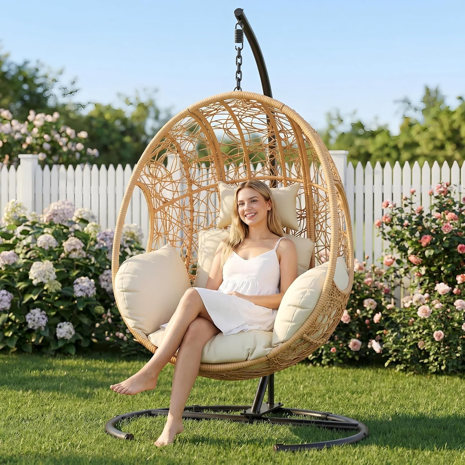 Oversized Hanging Egg Chair Outdoor Indoor, Wicker Swing Egg Chair with Stand 400lbs Capacity for Bedroom, Patio, Garden and Balcony (Beige-nest, Oversize)