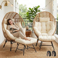 NICESOUL 2 Person Oversized Indoor Outdoor Egg Chair with Ottoman, Wicker Patio Deep Egg Seat with Beige Thick Cushion & Foot Rest, Large Stationary Lounge Chair for Balcony Bedroom, 2 Sets w/Cover