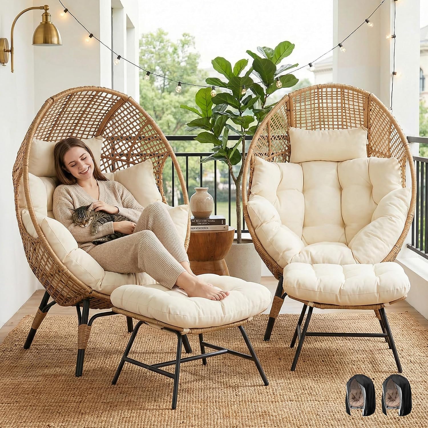 NICESOUL 2 Person Oversized Indoor Outdoor Egg Chair with Ottoman, Wicker Patio Deep Egg Seat with Beige Thick Cushion & Foot Rest, Large Stationary Lounge Chair for Balcony Bedroom, 2 Sets w/Cover