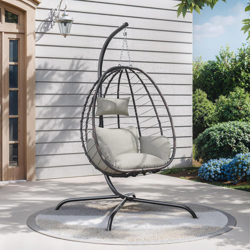 Outdoor Hanging Egg Chair with Stand,Patio Wicker Swing Egg Chair Hammock Chair with UV Resistant Cushion,All-Weather 485lbs Capacity for Bedroom,Balcony,Garden,Beige