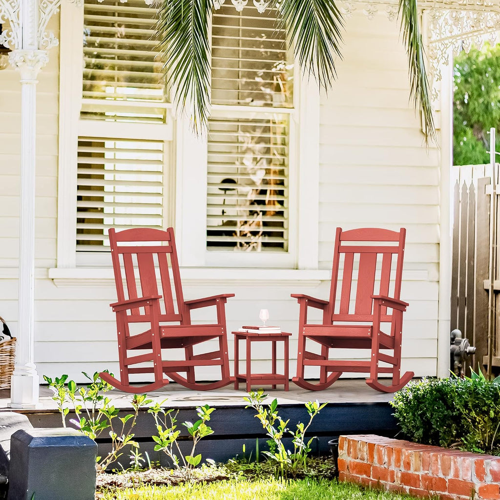 LUE BONA Outdoor Rocking Chairs Set of 2, HDPS Porch Rocker with High Back, Plastic Weather Resistant Rocking Chairs for Outdoor Indoor, Garden, Backyard, 350lb, Bright Red