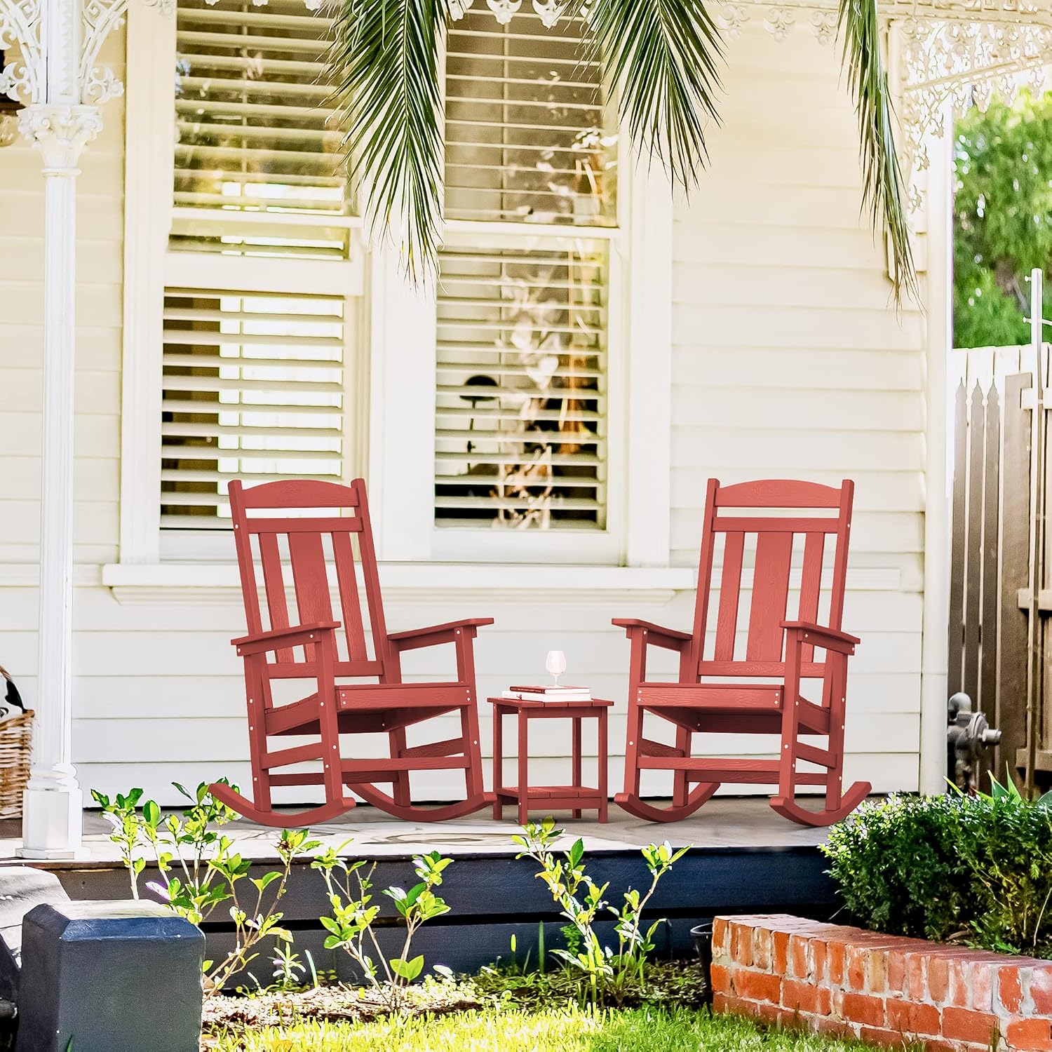 LUE BONA Outdoor Rocking Chairs Set of 2, HDPS Porch Rocker with High Back, Plastic Weather Resistant Rocking Chairs for Outdoor Indoor, Garden, Backyard, 350lb, Bright Red
