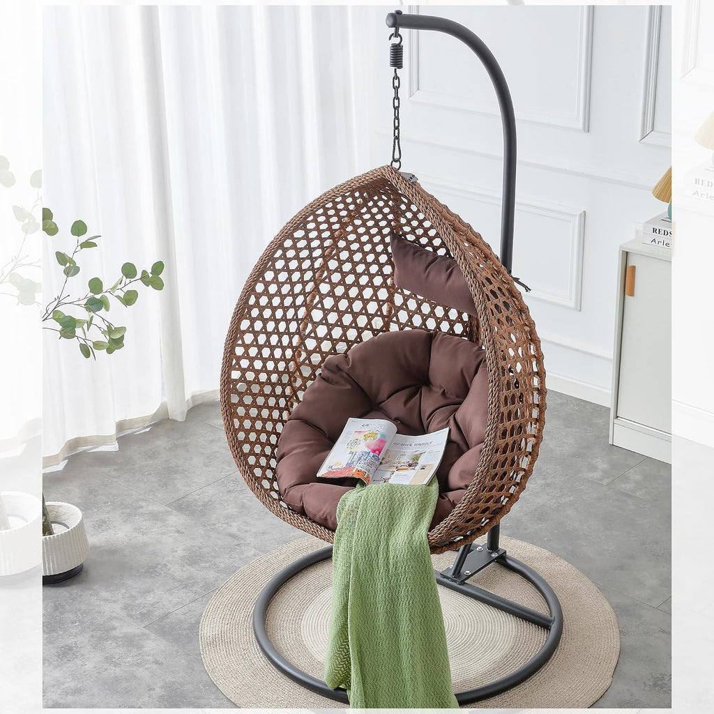 Egg Chair Indoor Outdoor, Hanging Chair for Bedroom, Swing Chair Hammock with Stand & Cushions, Comfy Swinging Chair Adult Reading Chair for Patio Balcony Backyard, Heavy Duty 350LBS, Brown