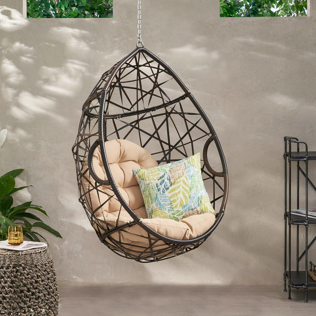 Merax Cozy Swing Egg Chair with Cushions 330lbs for Patio, Bedroom, Garden and Balcony,Brown