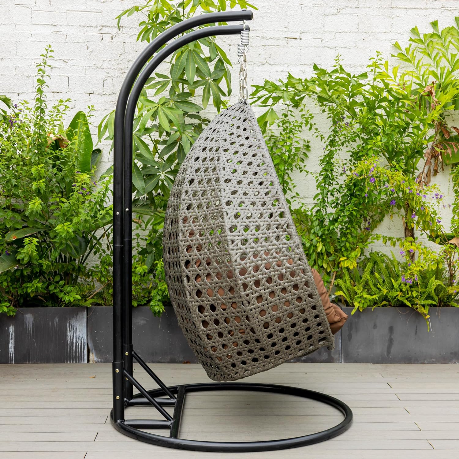 LeisureMod 2 Person Wicker Hanging Egg Chair with Stand & UV-Resistant Cushions for Indoor/Outdoor, Patio, Lounge, Hammock Seat, Brown