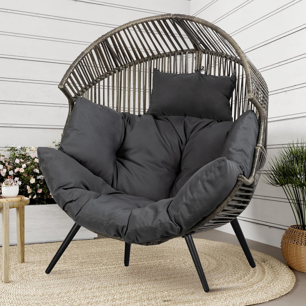 Shintenchi Wicker Egg Chair Outdoor Rattan Patio Chair with Cushion,Oversized Patio Lounge Chairs with Cushion Egg Basket Chair, Egg Seat for Indoor Living Room Bedroom Outside,Grey