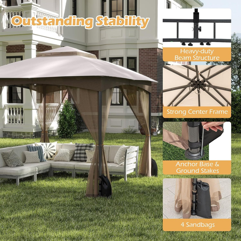 Tangkula 10x10 FT Outdoor Gazebo with Netting, Double Roof Patio Shelter with 4 Sandbags, Zippered Doors, Heavy-Duty Metal Frame, Metal Patio Gazebo for Yard Garden Lawn (Khaki)